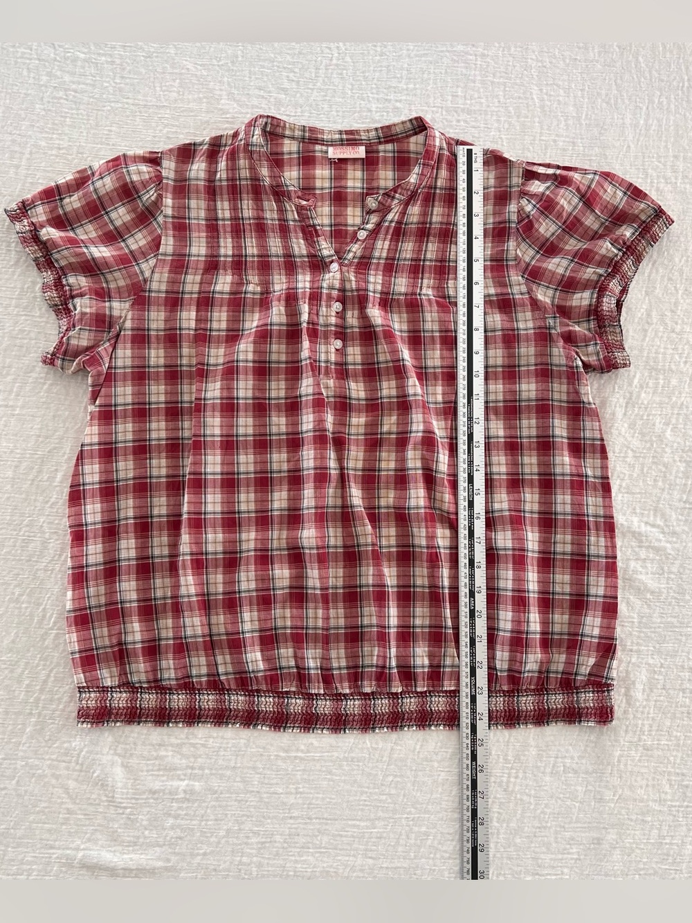 Mossimo Women’s Small Red White Plaid Short-Sleeve 3/4 Button Neck Cotton Top - Picture 5 of 6